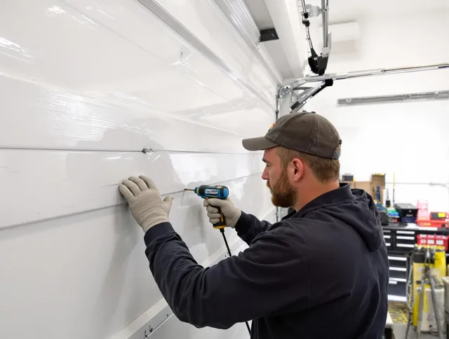 Laguna Hills Garage Door Repair technician demonstrating precision dent removal techniques on a Laguna Hills garage door